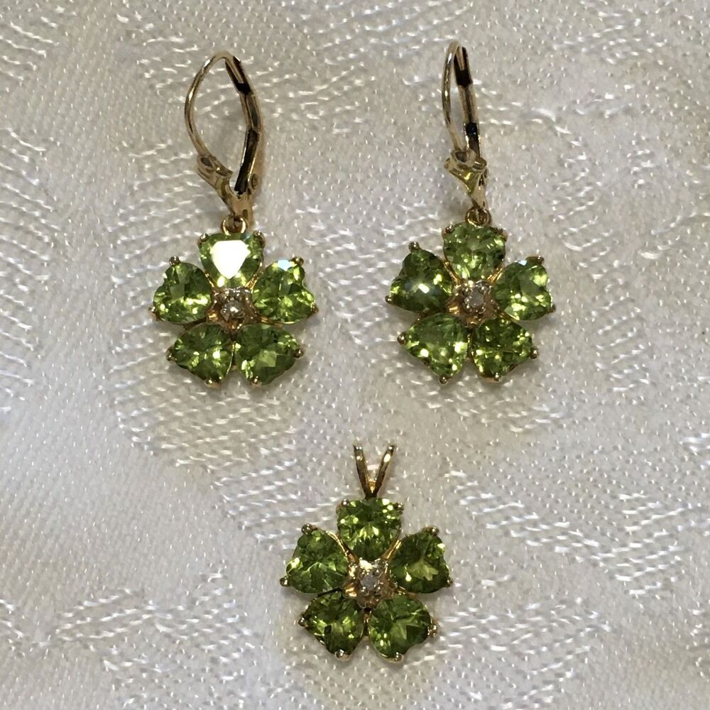 Vintage Peridot Flower Earrings and Pendant 14k gold marked Heart Shape Stones